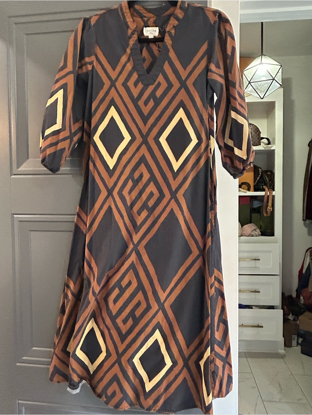 Anthropologie Geometric Midi Dress - Brown, Black & Cream